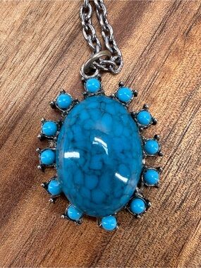Turquoise Stone Pendant Necklace - silver tone Blue Statement Jewelry